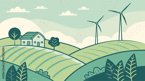Eco Wind Turbines on Rolling Green Hills Vector Landscape