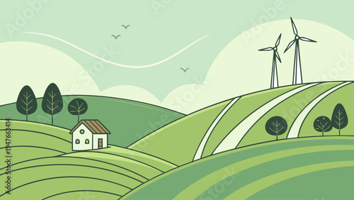 Eco Wind Turbines on Rolling Green Hills Vector Landscape
