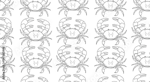 Marine pattern of detailed crab silhouettes arranged in a grid on a white background for seafood and ocean themed design projects.
