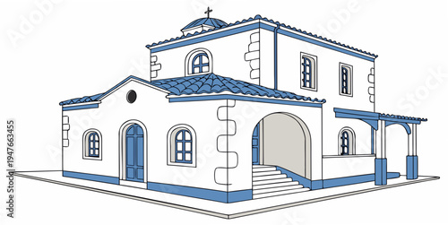 A white house with blue trim and a large archway Vector