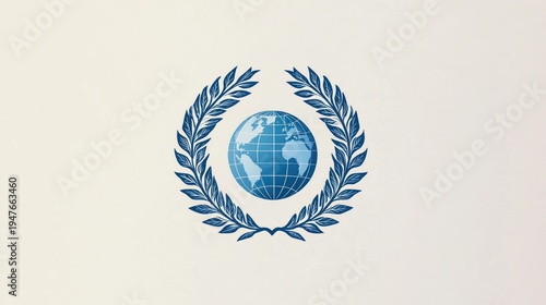 blue globe with grid and twin laurel wreath emblem on neutral background conveying unity and peace