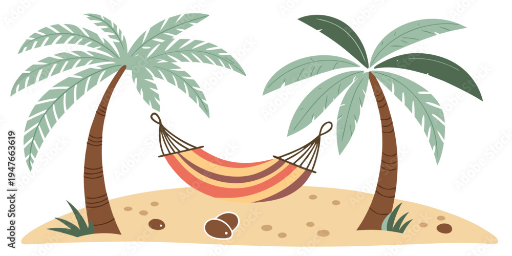 Obraz premium A hammock between two palm trees on a sandy beach Vector