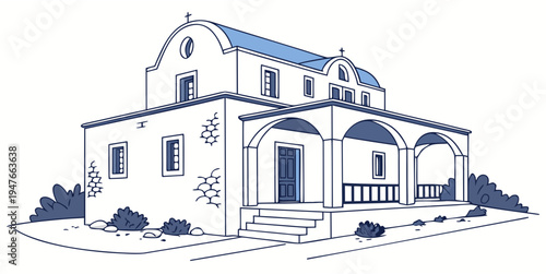 A large white house with a blue roof and stairs Vector