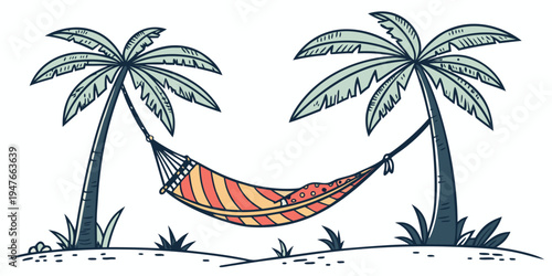 A hammock strung between two palm trees on a beach Vector