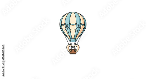 Classic hot air balloon with a blue and beige striped envelope and a brown wicker basket floating in the center of a white background.