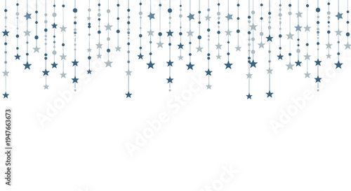 Decorative background featuring strings of stars and circular beads hanging from the top edge in shades of blue and gray on a white surface.