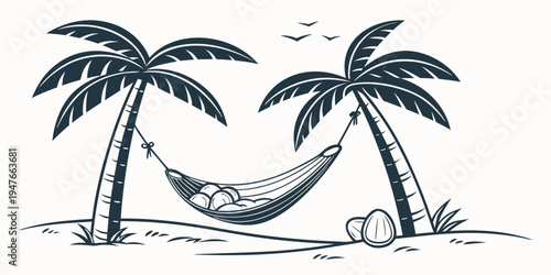 A hammock between two palm trees on a beach Vector