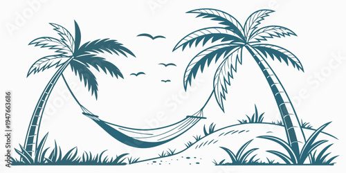 A hammock between two palm trees on a tropical beach Vector
