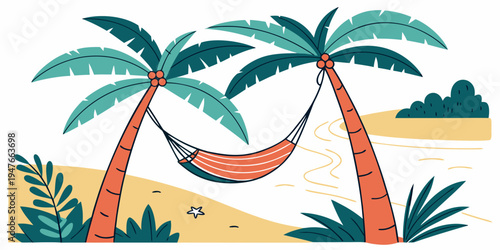 A hammock between two palm trees on a beach Vector