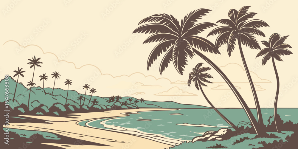 Obraz premium A tropical beach with palm trees on the shore Vector