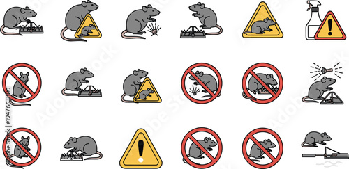 Rodent infestation and pest control icon collection showing rats, traps, warning signs and hygiene measures for safety vector design projects