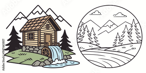 A cabin in the mountains with a waterfall Vector