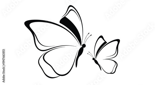 Elegant black silhouettes of two butterflies of different sizes shown in profile as if flying together on a plain white background.