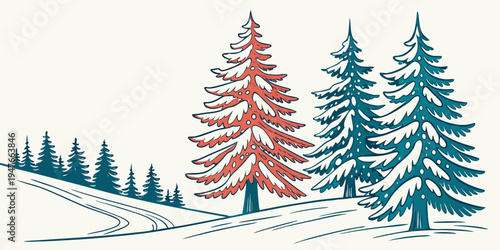 A snowy winter scene with pine trees on a hill Vector