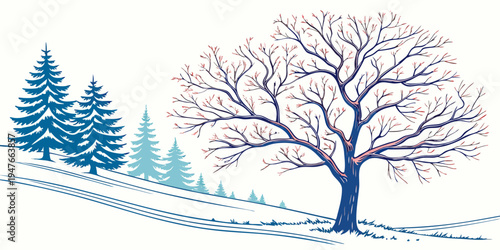 A tree with red berries and pine trees in a snowy landscape Vector