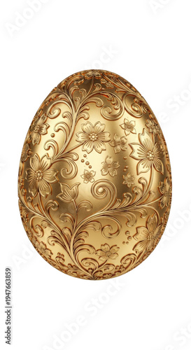 Shiny gold easter egg with floral pattern isolated on transparent
