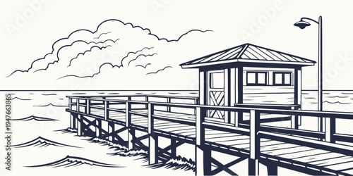 A small pier with a hut on the right and mountains in the background Vector