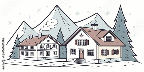A house in front of mountains and trees Vector