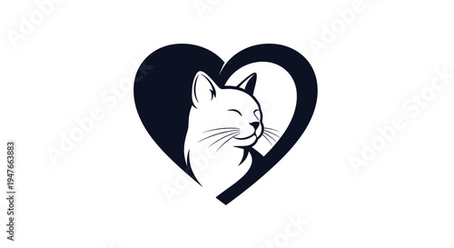 Minimalist logo design featuring a white cat head in profile looking forward nestled within a dark blue heart shape on a white background.