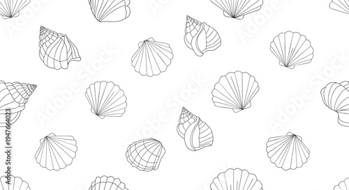 Elegant seamless pattern of various seashell outlines including fan and spiral shapes scattered on a white background for a coastal theme.
