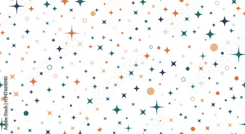 Subtle pattern featuring tiny four-pointed stars and small dots in earth tones like teal, orange, and gray on a white background.