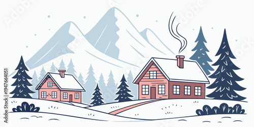 A snowy mountain landscape with two red houses Vector