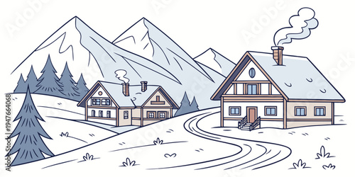A snow covered house and trees in a mountainous landscape Vector