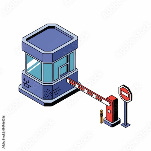 Isometric illustration of a toll booth with a barrier and a stop sign.