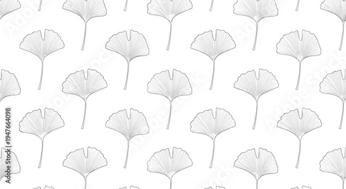 Intricate pattern of ginkgo biloba leaves shown in fine black and white line art repeated on a clean white background for botanical art.