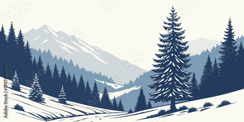 Snowy mountain landscape with trees Vector