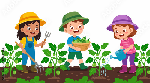Smiling children learning about nature and plant care, engaged in various fun gardening activities like planting, watering, and harvesting fresh vegetables outdoors