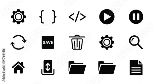 Collection of black software icons representing various digital functions silhouette