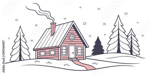 A pink house with a snow covered roof and trees Vector