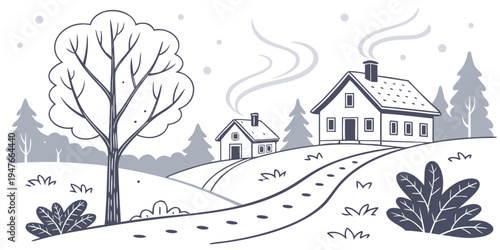 A house on a snowy hill with a tree and bushes Vector
