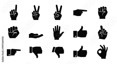 Collection of black hand gestures displayed in a stark silhouette