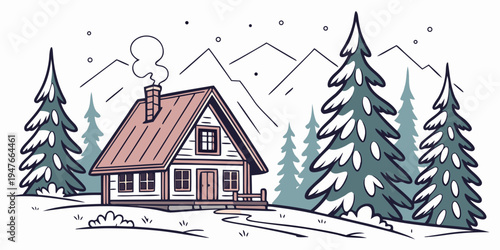 A house in the snow with trees and smoke coming out of the chimney Vector