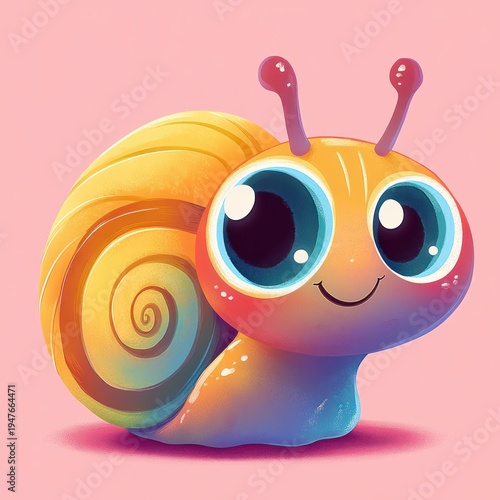 cute colorful cartoon snail with oversized glossy eyes, spiral yellow shell, smiling face and purple antennae on a soft pink background, cheerful and playful