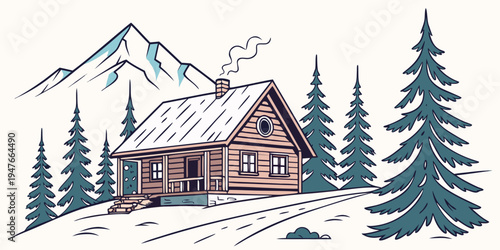 A brown house with a snow covered roof and pine trees Vector
