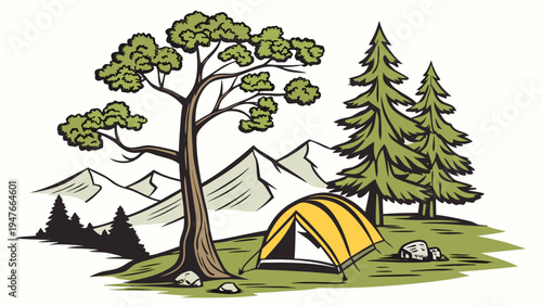 A yellow tent pitched under a tree in a mountainous landscape Vector