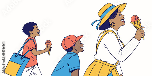 A woman and two children enjoying ice cream cones Vector