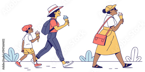 A family walking while using their mobile phones Vector