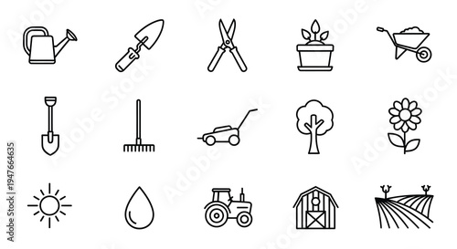 Gardening tools and elements presented as a simple black silhouette