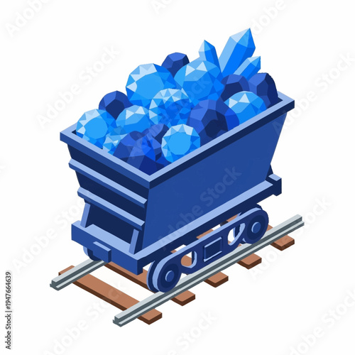 Isometric illustration of a minecart filled with blue gems and crystals on a track.