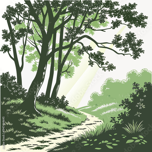 A serene forest path with trees and sunbeams Vector
