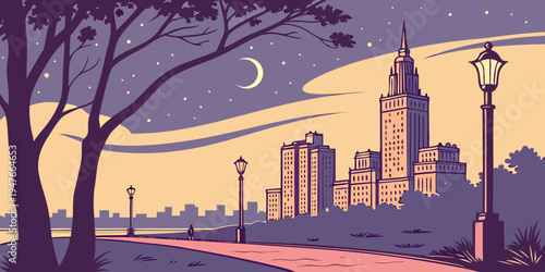 A city skyline at dusk with a tree and street lamps Vector