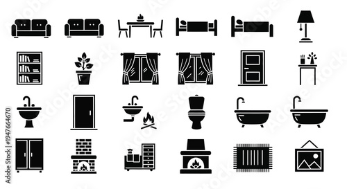 Collection of black furniture and home object icons a simple silhouette
