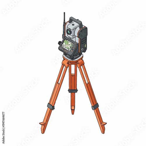 Illustration of a total station surveying instrument on a tripod, used for precise angle and distance measurements in construction and land surveying.