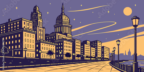 Liverpool city skyline at night with street lamp Vector