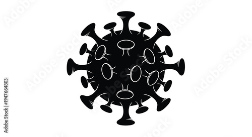 Black silhouette of a coronavirus cell structure against a white background