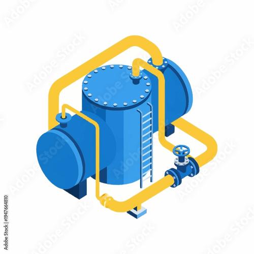 Isometric illustration of a blue industrial water treatment system with yellow pipes and a ladder.